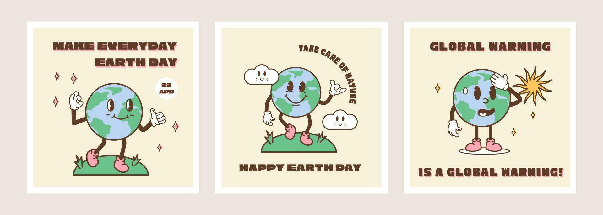 vintage motivação poster ou cartão Projeto modelo com terra planeta personagem mascote. global aquecimento é global Atenção rubrica. de Meio Ambiente eco verde vida impressão conceito. vetor plano ilustração.