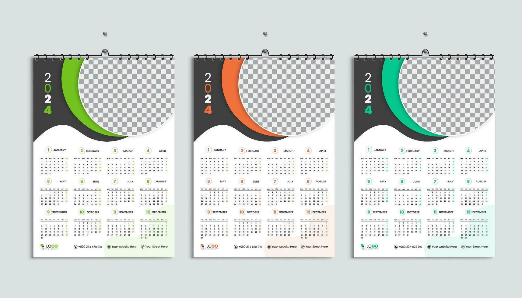 parede calendário 2024 Projeto modelo, semana iniciando a partir de segunda-feira. limpar, elegante modelo cronograma planejador, abstrato gradiente cor luxo conceito, perfeito usar dentro casa escola Faculdade e escritório vetor