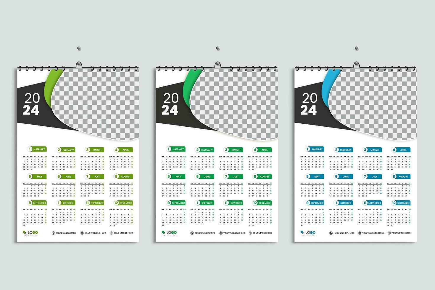 parede calendário 2024 Projeto modelo, semana começar segunda-feira, limpar, elegante modelo cronograma planejador, abstrato folha verde, azul, verde gradiente cor luxo idéia para casa escola, Faculdade escritório vetor