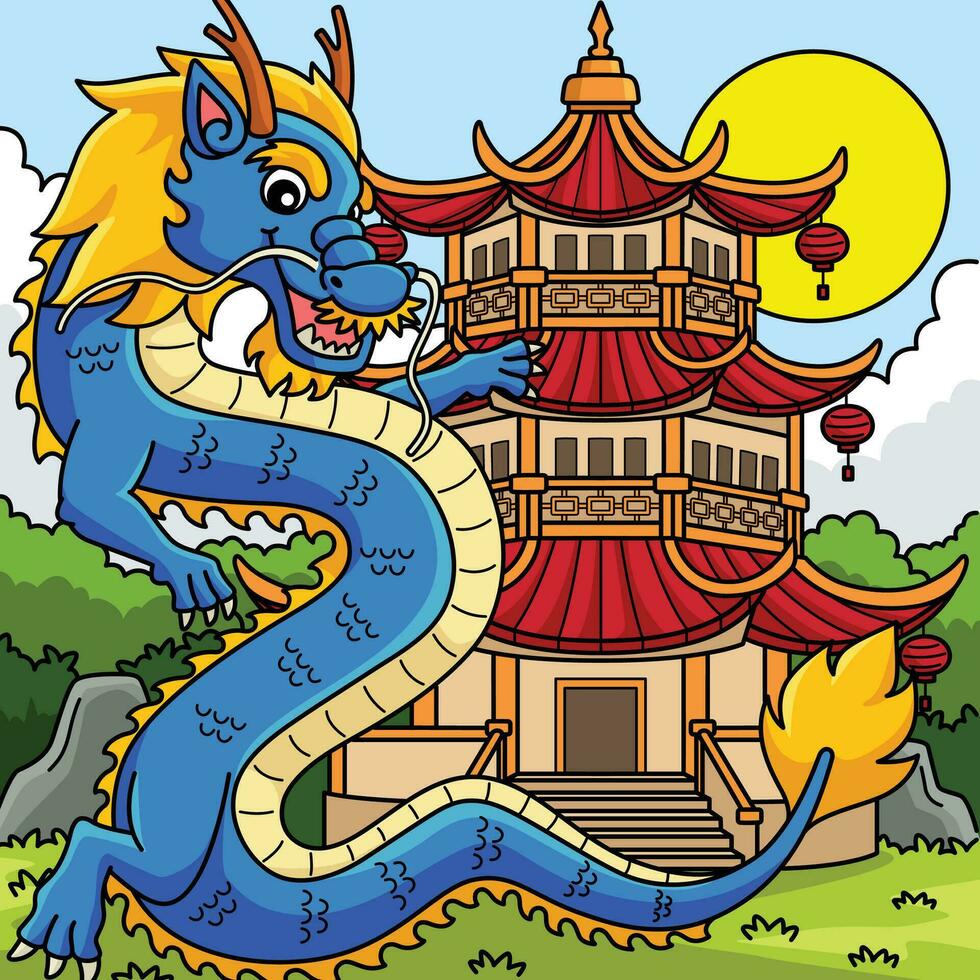 ano do a Dragão com pagode colori desenho animado vetor