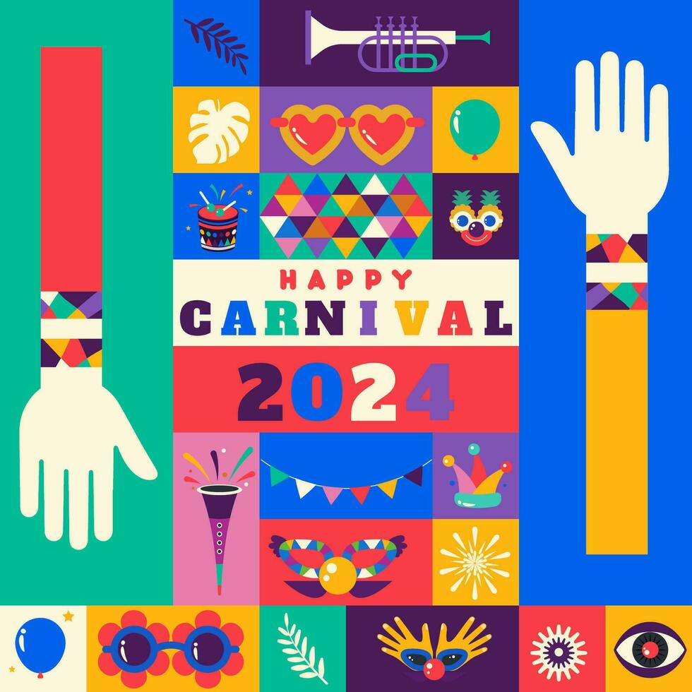 feliz carnaval 2024 colorida geométrico fundo com salpicos discurso bolhas máscaras e confete para cobrir, poster, social meios de comunicação modelo vetor