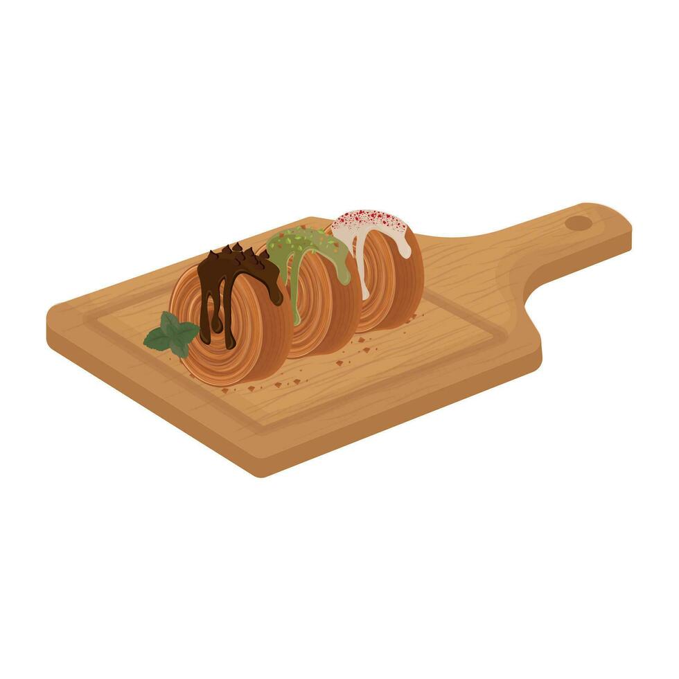 logotipo ilustração cromboloni croissant bomboloni ou Novo Iorque lista em uma de madeira prato vetor