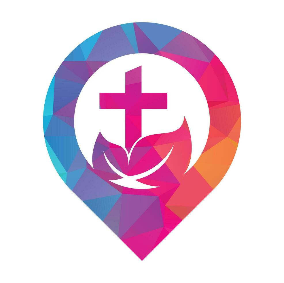 Igreja árvore mapa PIN forma conceito vetor logotipo Projeto. Cruz árvore logotipo Projeto.