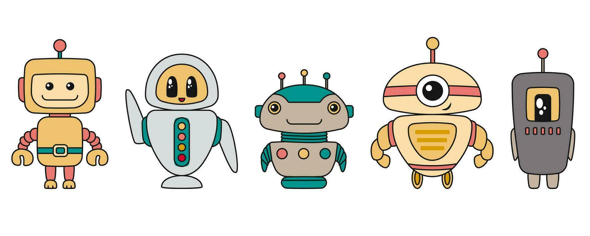 fofa robôs personagens. chatbots, ai bots mascotes, digital ciborgues, futurista tecnologia serviço. quadrinho elementos dentro na moda retro desenho animado estilo. vetor ilustração