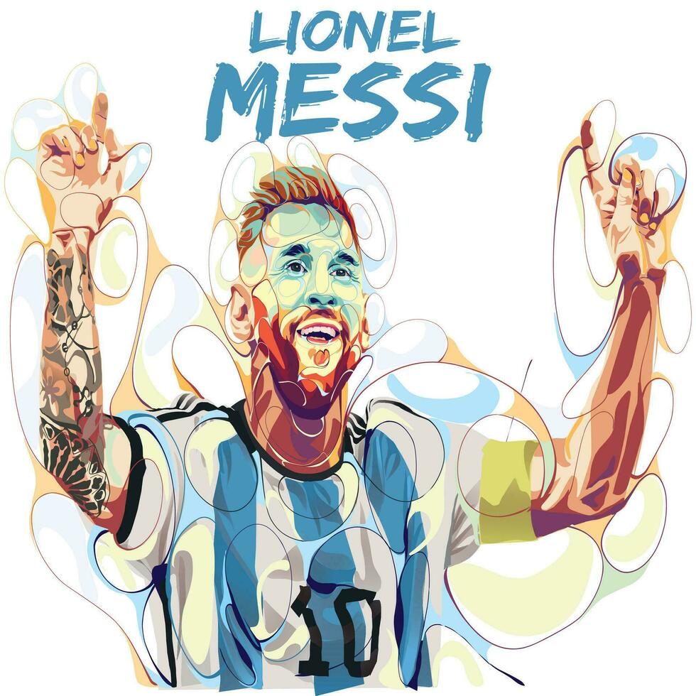 bolha ilustração do leão messi sorridente dentro azul branco futebol jérsei enquanto levantando ambos mãos vetor