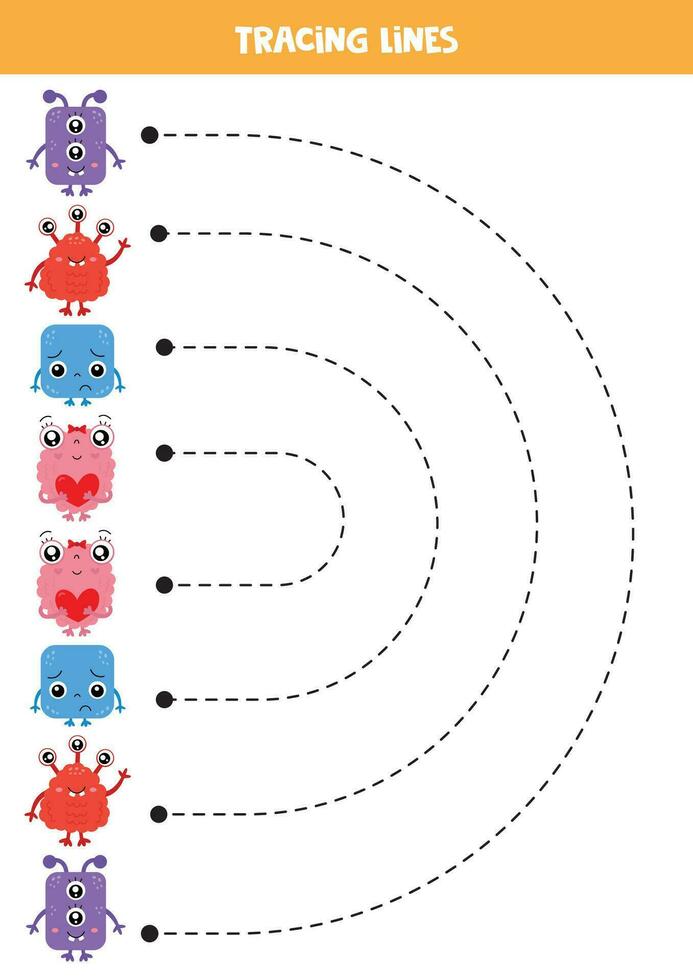 rastreamento linhas para crianças. desenho animado colorida monstros. caligrafia prática. vetor