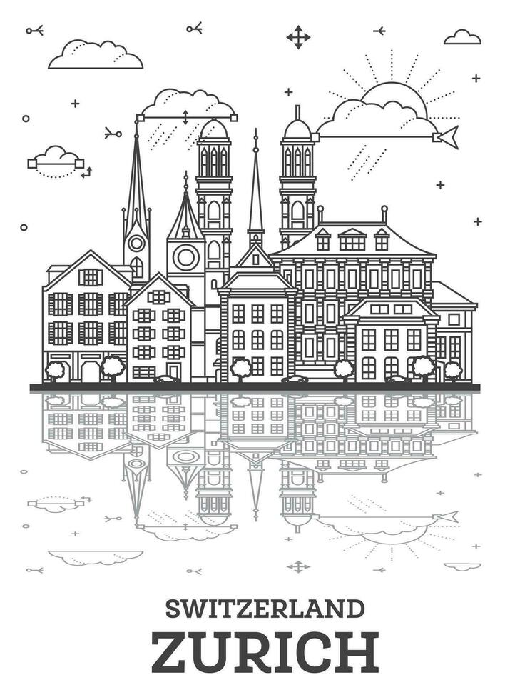 esboço Zurique Suíça cidade Horizonte com histórico edifícios e reflexões isolado em branco. Zurique paisagem urbana com pontos de referência. vetor