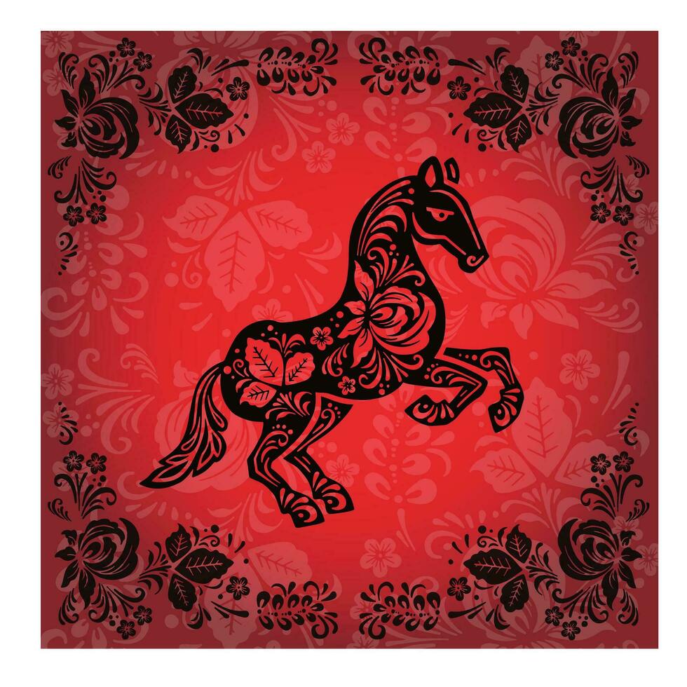 cavalo, equestre cartão dentro vermelho e Preto cores dentro étnico russo estilo, símbolo do a ano, vetor ilustração eps 10