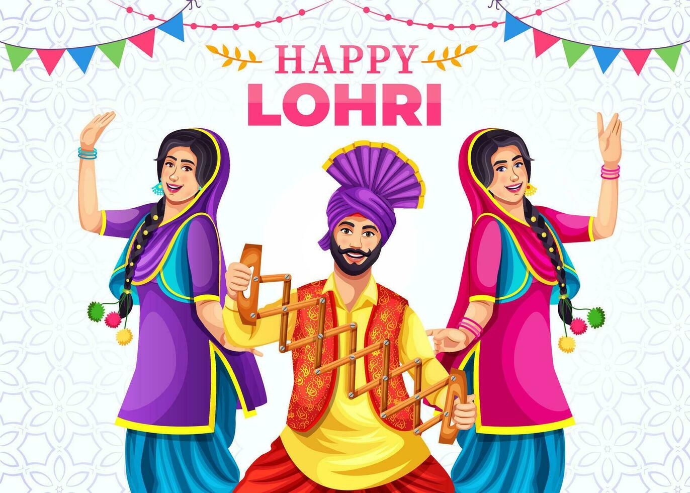 vetor do feliz Lohri festival do punjab Índia fundo. grupo do pessoas fazendo bhangra dança bandeira Projeto modelo