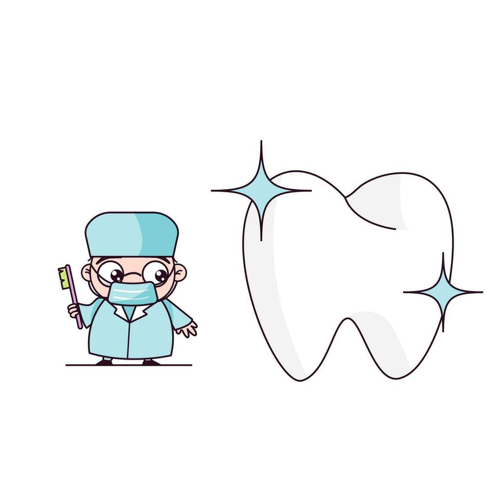 fofa dentista segurando escova de dente bebê desenho animado. kawaii chibi dentes doutor. vetor ilustrações com esboço estilo.