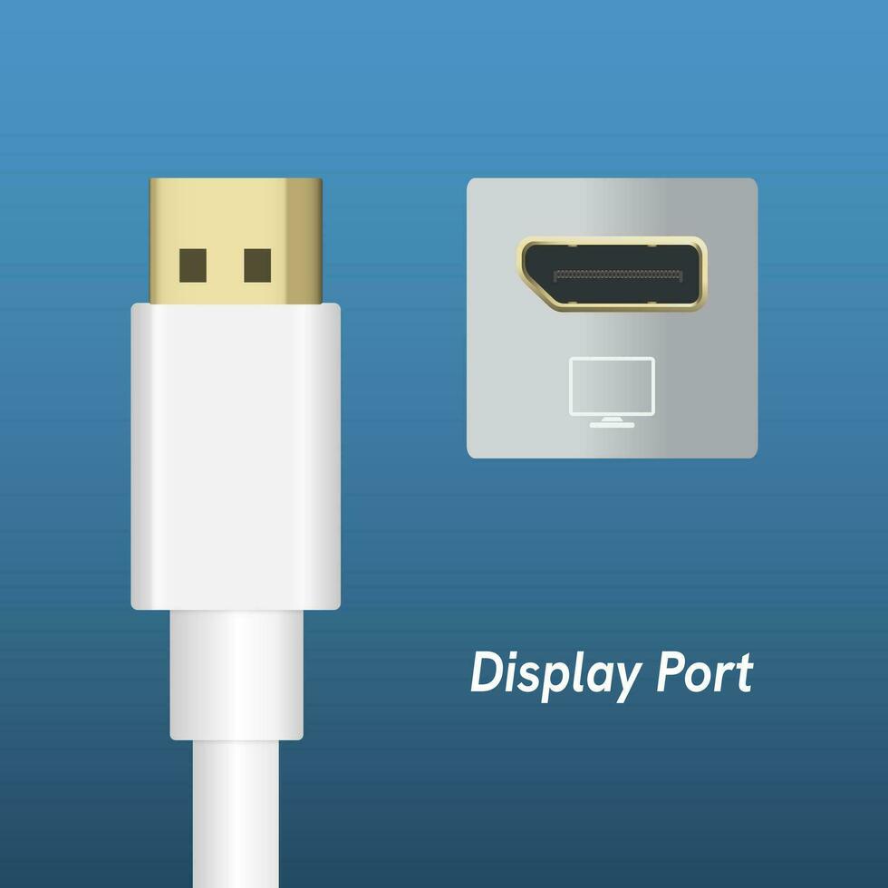 branco cor displayport conexão cabo digital vídeo porta padrão vetor ilustração em azul fundo.