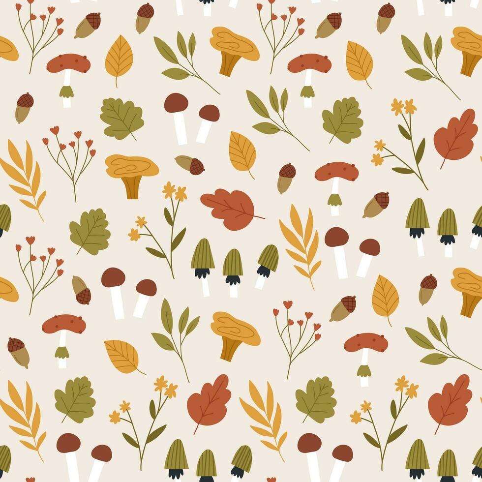 outono desatado padronizar com folhas, flores, cogumelos e bolota. bege fundo com fofa mão desenhado outono botânica elementos. vetor