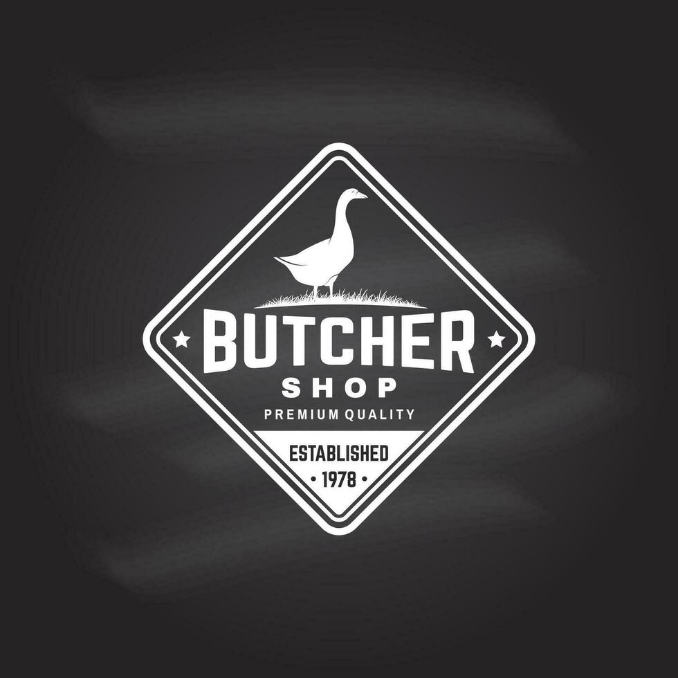 açougueiro carne fazer compras com Ganso crachá ou rótulo. vetor. vintage tipografia logotipo Projeto com Ganso silhueta. elementos em a tema do a frango carne comprar, mercado, restaurante negócios. vetor