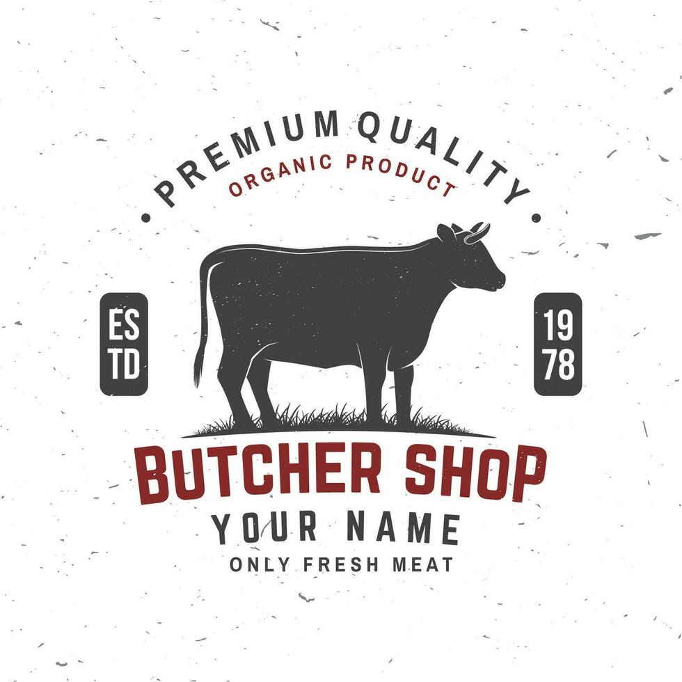 açougueiro fazer compras crachá ou rótulo com vaca, carne bovina. vetor. vintage tipografia logotipo Projeto com vaca silhueta. elementos em a tema do a açougue carne comprar, mercado, restaurante negócios. vetor