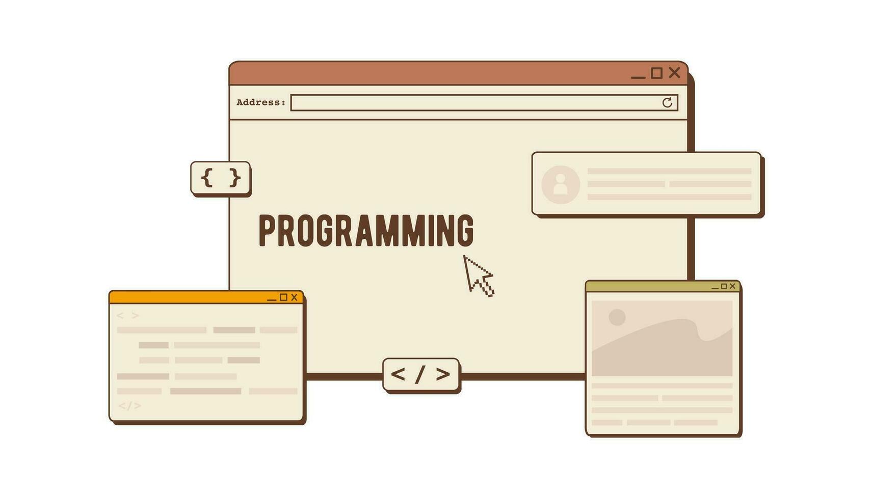 Programas desenvolvedor ou código teste. local na rede Internet desenvolvimento conceito dentro na moda retro cores. roteiro codificação, rede ui ux Projeto e programação dentro php, Pitão, javascript. vetor plano ilustração.