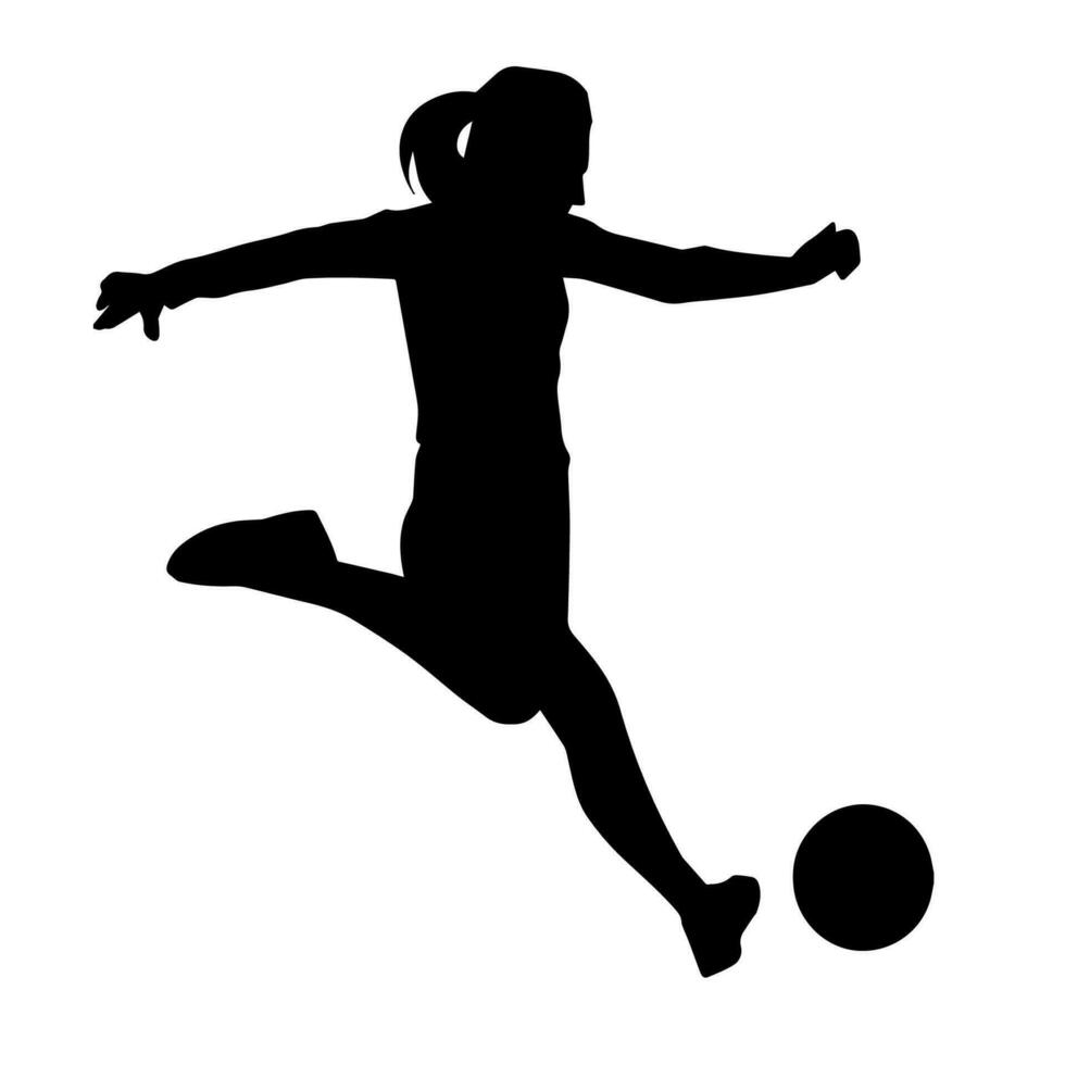 silhueta do uma fêmea futebol jogador chutando uma bola. silhueta do uma futebol jogador mulher dentro açao pose. vetor
