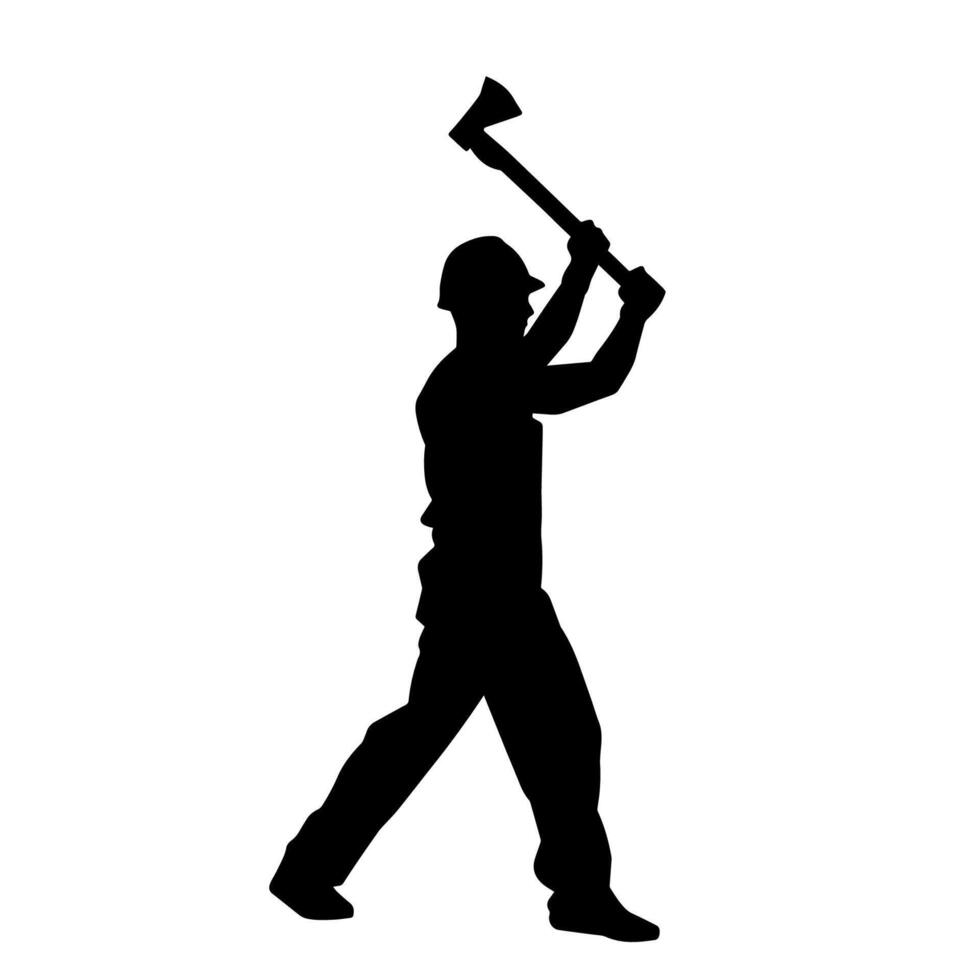 silhueta do uma trabalhador dentro açao pose usando dele Machado ferramenta. vetor