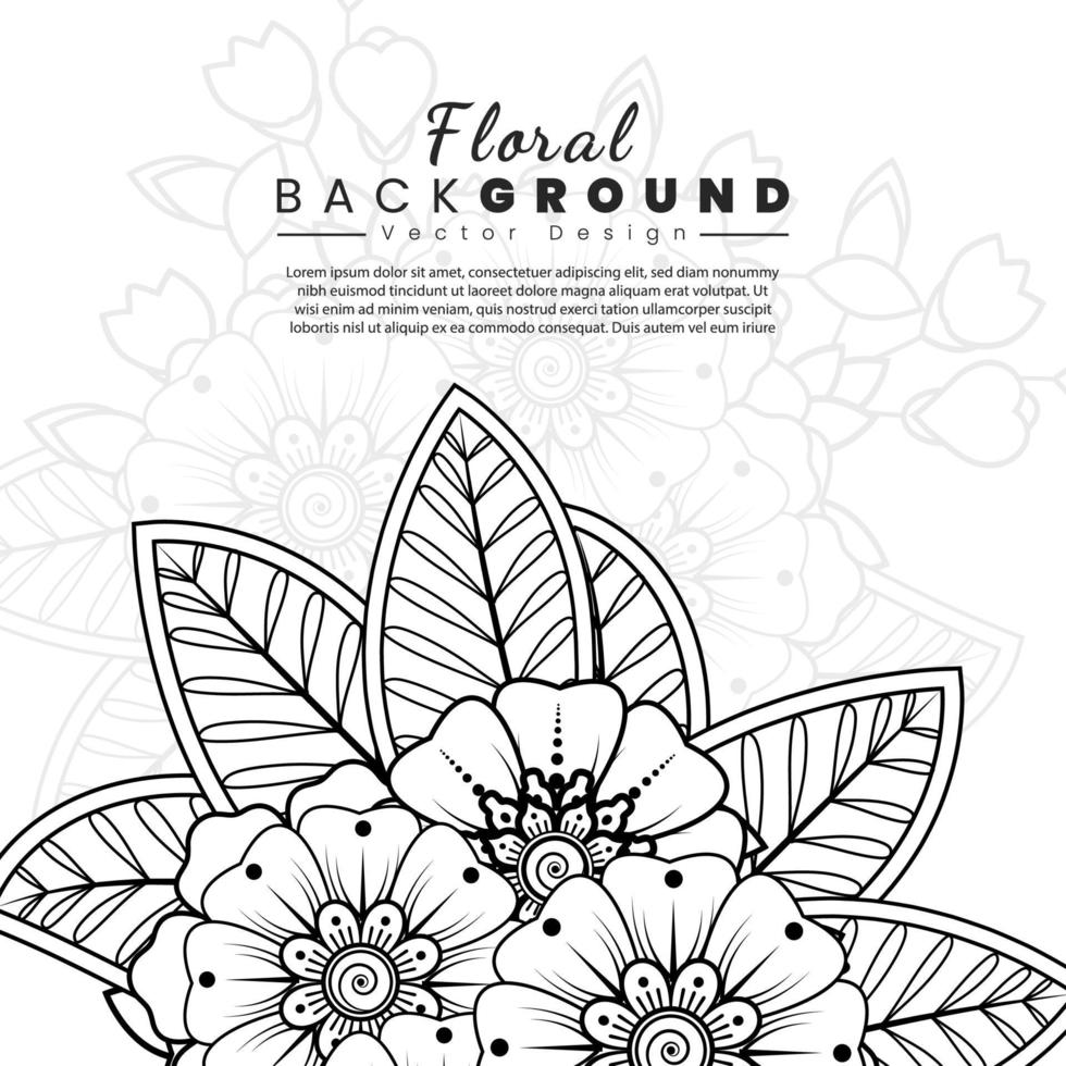 fundo com flores mehndi. linhas pretas sobre fundo branco. modelo de banner ou cartão vetor