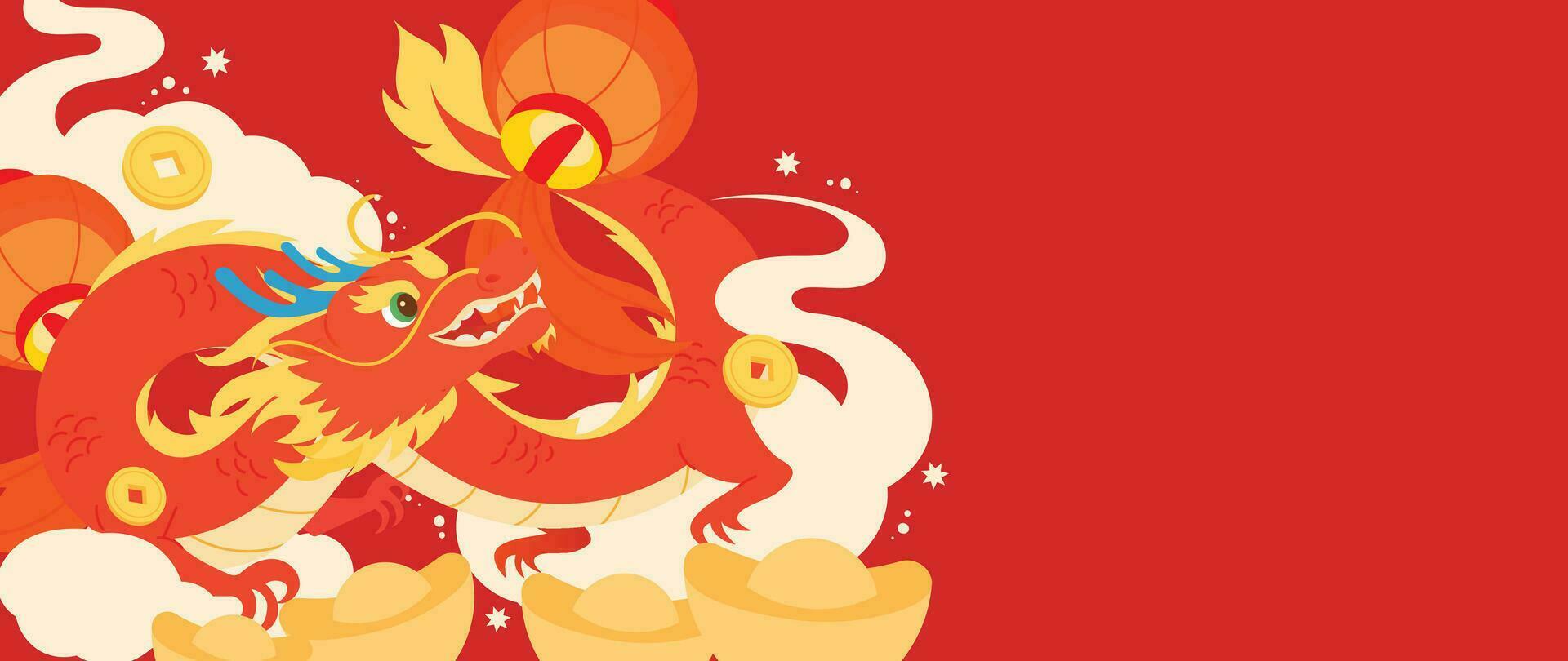 feliz chinês Novo ano fundo vetor. ano do a Dragão Projeto papel de parede com Dragão, chinês lingotes ouro, lanterna, moeda. moderno luxo oriental ilustração para cobrir, bandeira, local na rede Internet, decoração. vetor