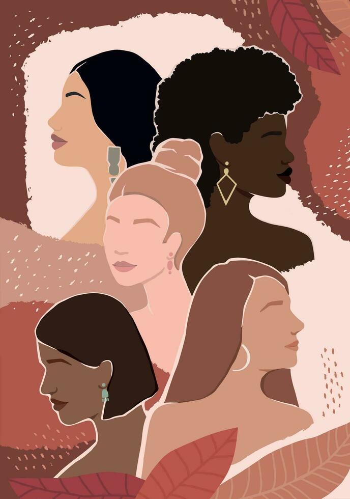 mulheres do diferente raças juntos em a abstrato outono fundo com folhas. moderno vetor plano ilustração. isolado de camadas. movimento para empoderamento mulheres. mulheres apoiar.