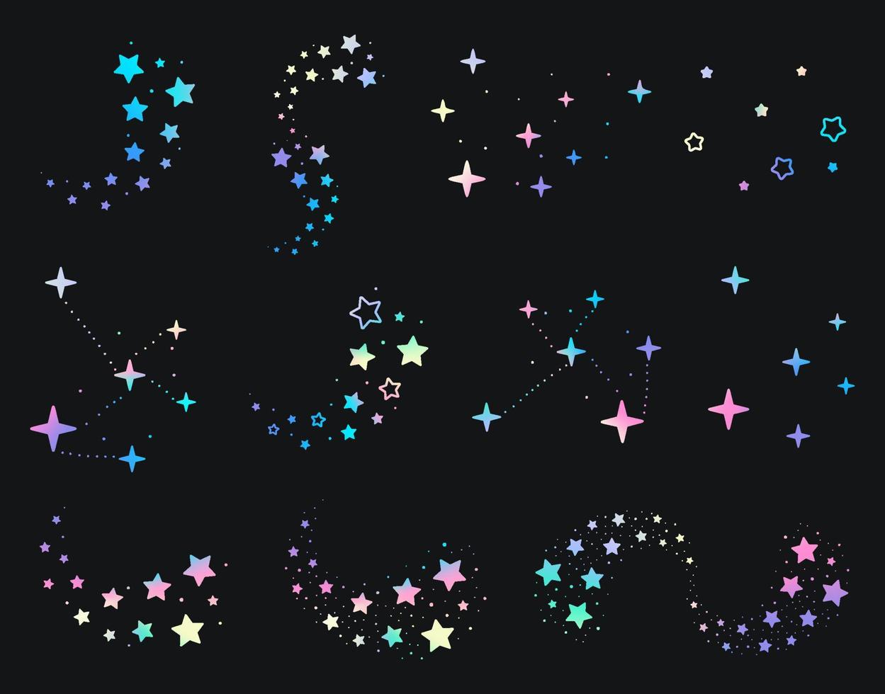 conjunto de estrelas cintilantes sortidas e constelações multicoloridas em fundo preto vetor