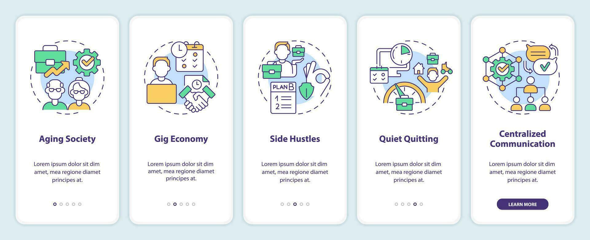 2d ícones representando local de trabalho dinâmica Móvel aplicativo tela definir. passo a passo 5 passos multicolorido gráfico instruções com linha ícones conceito, interface do usuário, ux, gui modelo. vetor