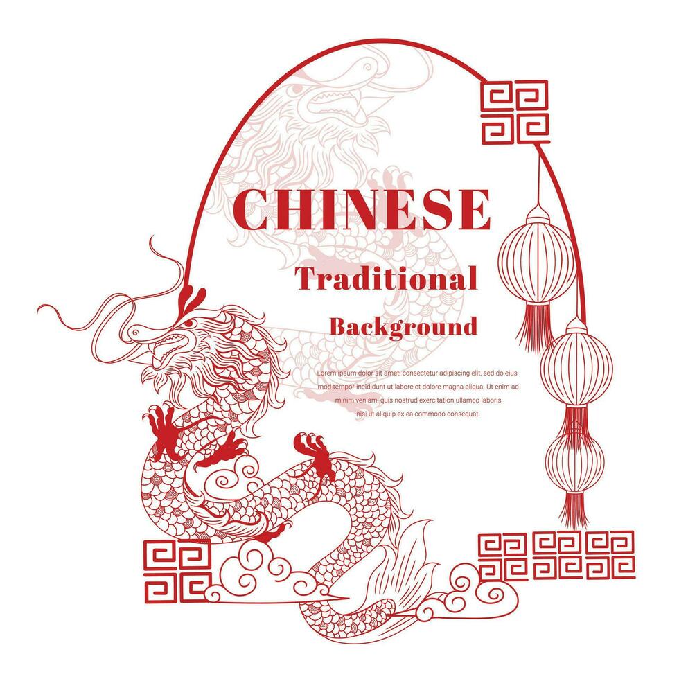 chinês tradicional quadro, linhas vermelho cor , Dragão chinês estilo, chinês vintage quadro, decorativo clássico festivo vermelho fundo. vetor