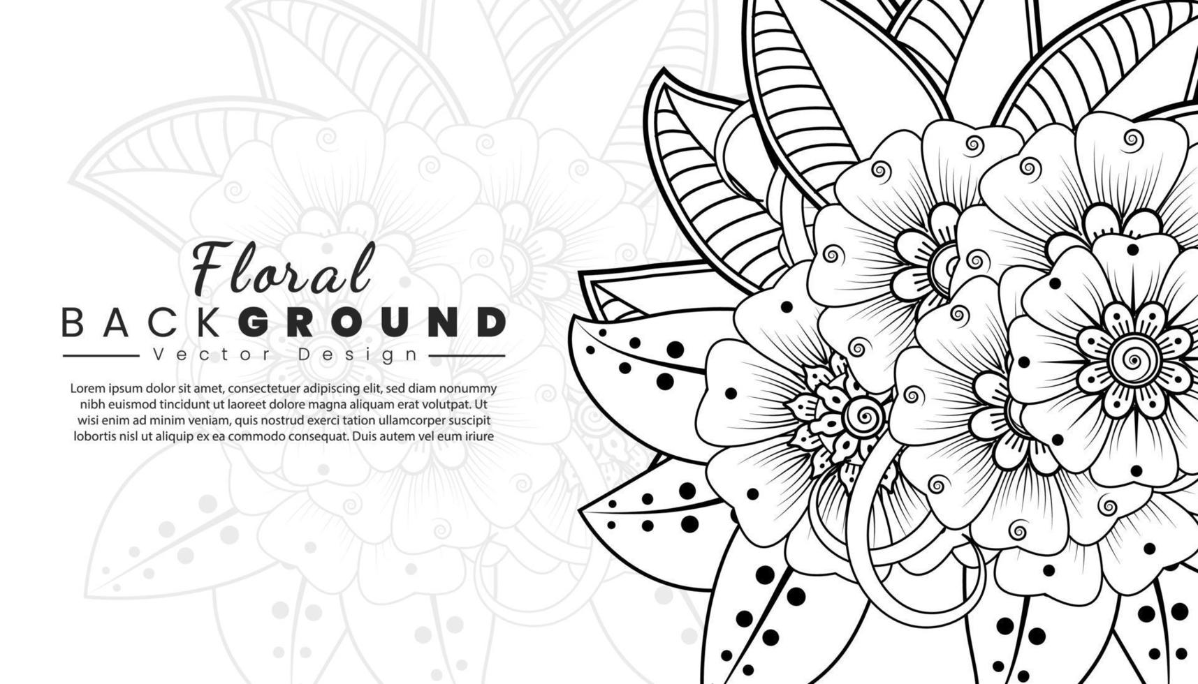 fundo com flores mehndi. linhas pretas sobre fundo branco. modelo de banner ou cartão vetor