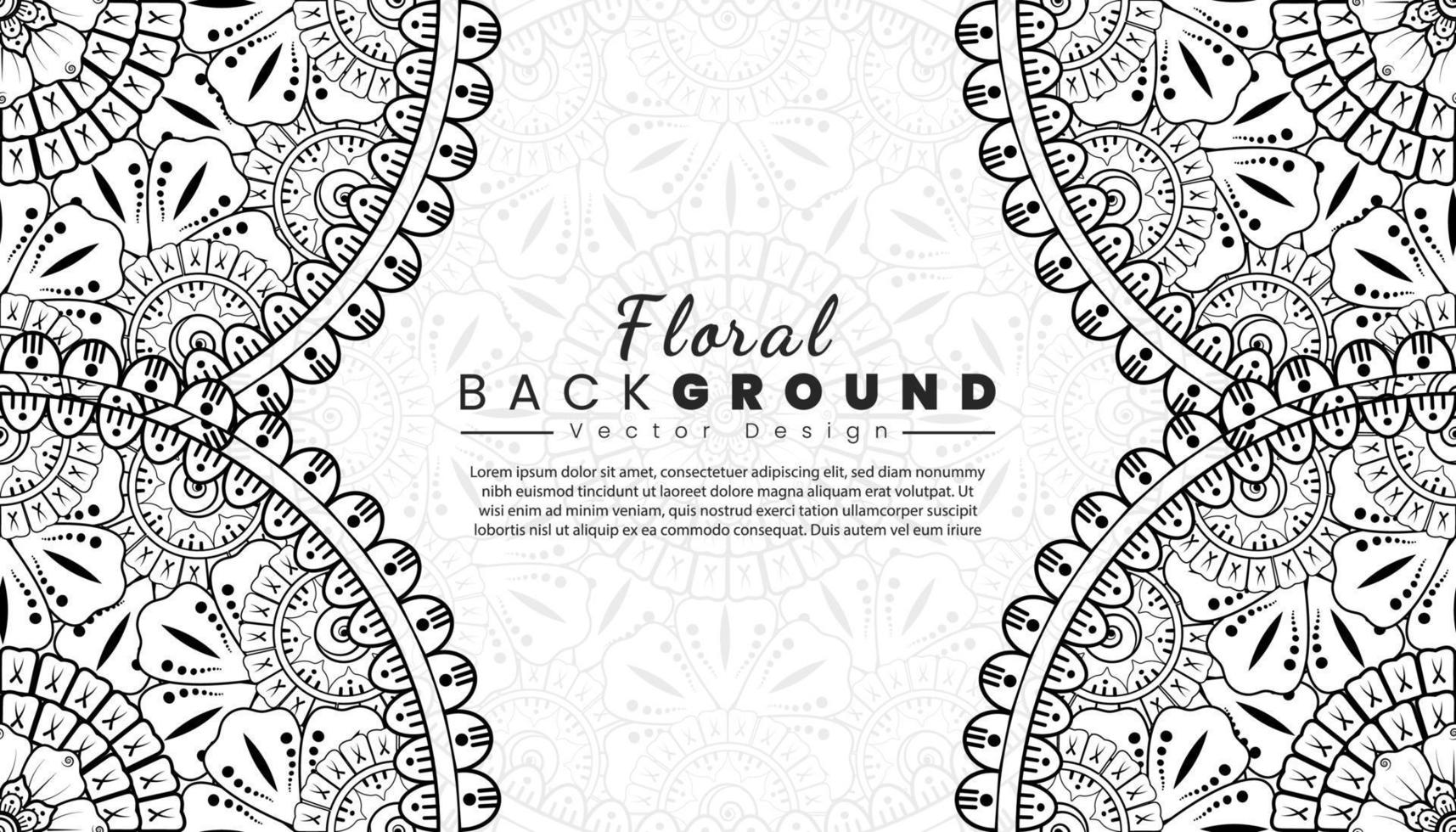 fundo com flores mehndi. linhas pretas sobre fundo branco. modelo de banner ou cartão vetor