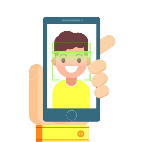 Reconhecimento facial e identificação móvel. Jovem, desbloqueando seu smartphone ou app. ilustração plana vetor