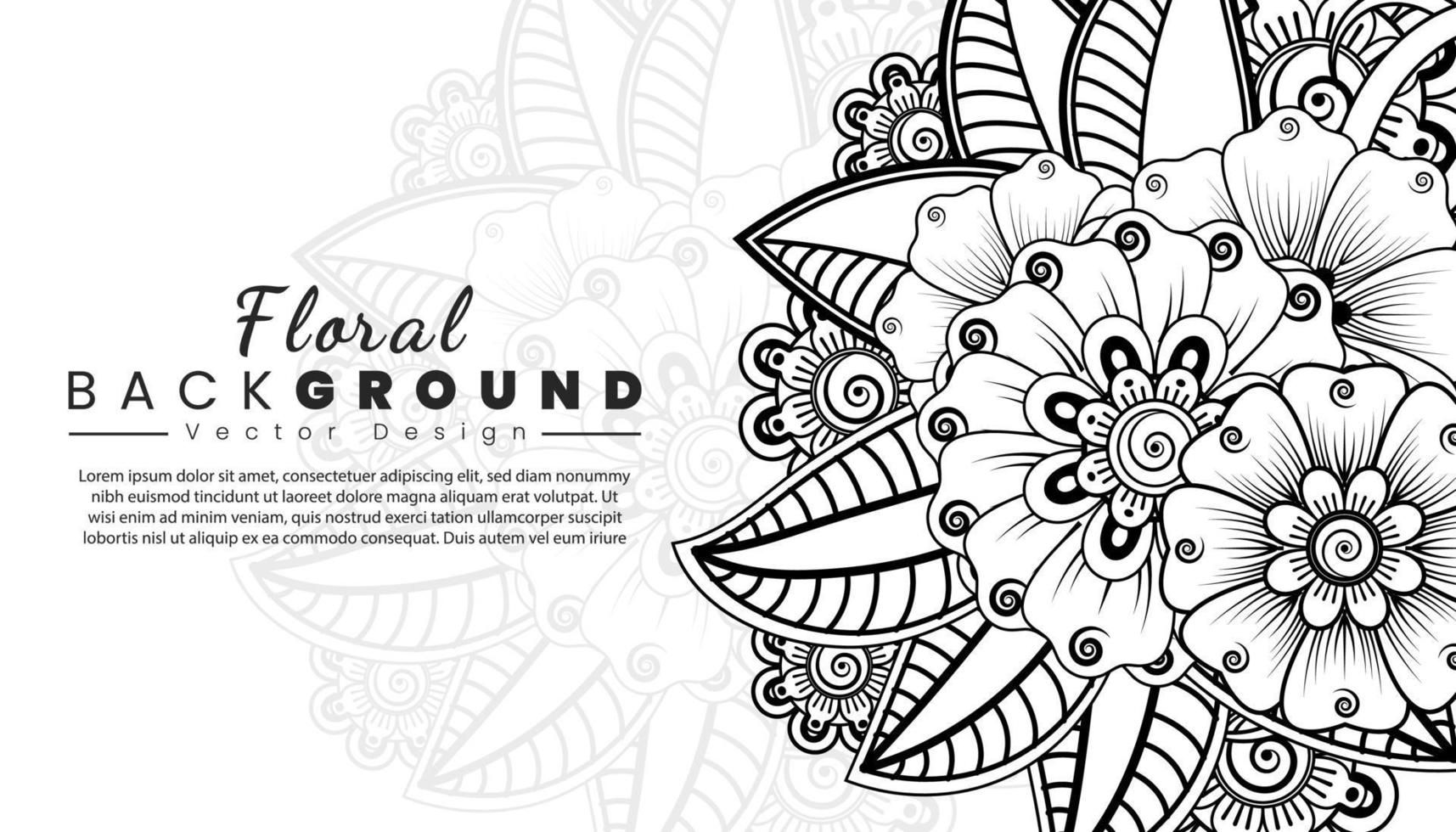 fundo com flores mehndi. linhas pretas sobre fundo branco. modelo de banner ou cartão vetor