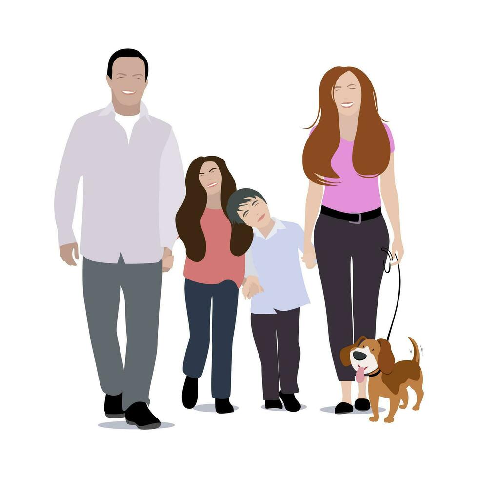 feliz família com cachorro andando. pessoas mãe pai, filho e filha andar com bicho de estimação, criança e Papai ar livre. vetor ilustração