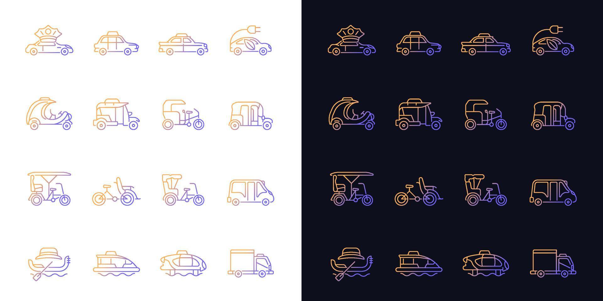Ícones de gradiente de tipos de táxi definidos para modo claro e escuro vetor