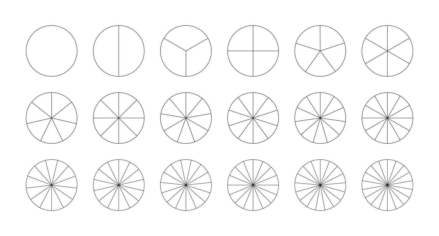 conjunto do segmentado gráficos. torta gráfico modelo. diagrama roda peças. muitos número do setores dividir a círculo em igual peças. Preto fino gráficos. coleção do pizza gráficos ícone. segmentos infográfico. vetor