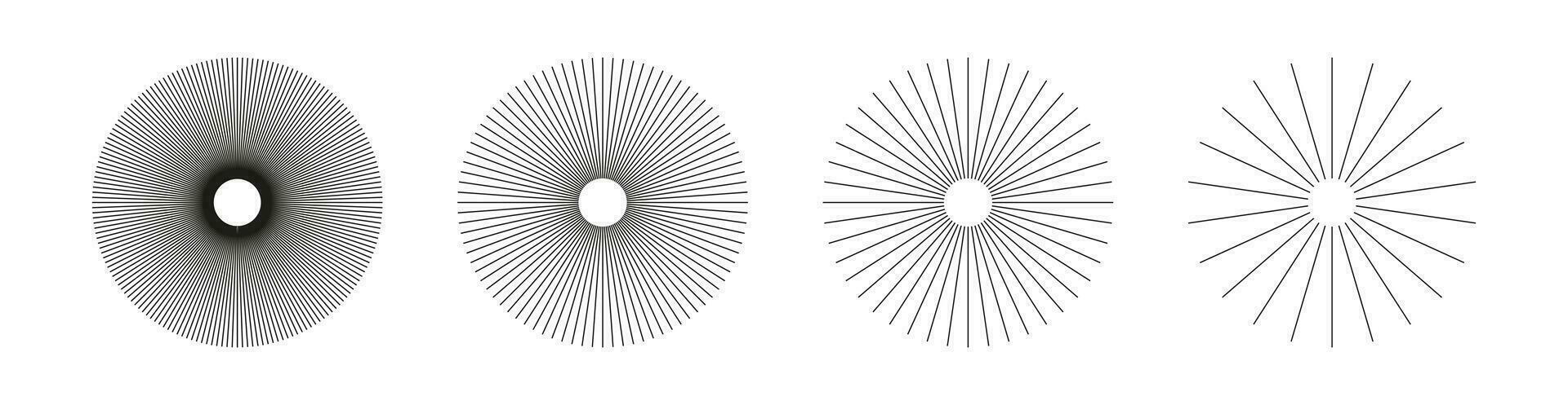 radial círculo linhas. símbolo do Sol Estrela raios. raios com irradiando listras grade. conjunto do circular linhas elementos. plano Projeto elemento. abstrato ilusão geométrico forma. vetor gráfico ilustração.