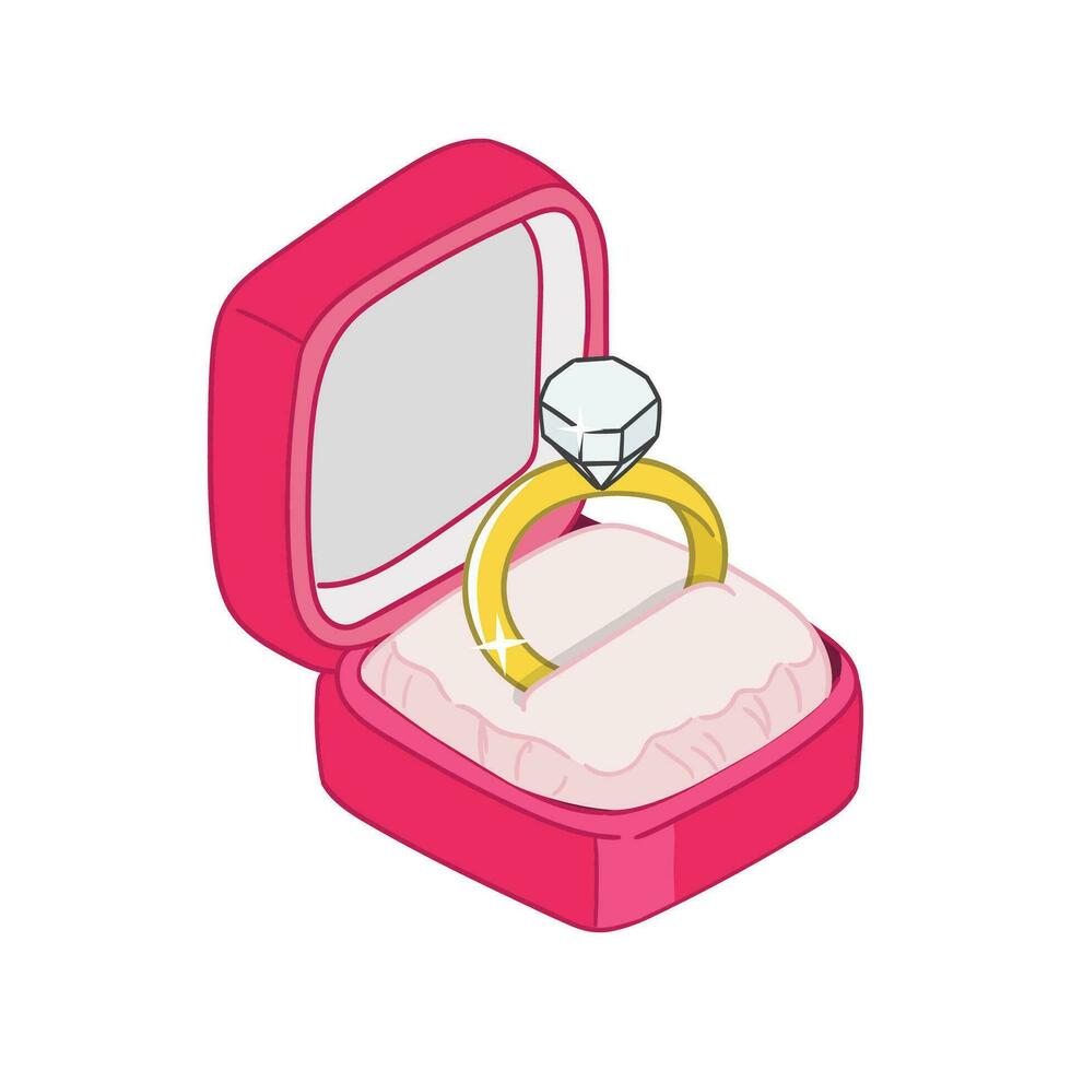 Casamento anel dentro a Rosa presente caixa. proposta casamento desenho animado estilo. Casamento anel e diamante vetor ilustração