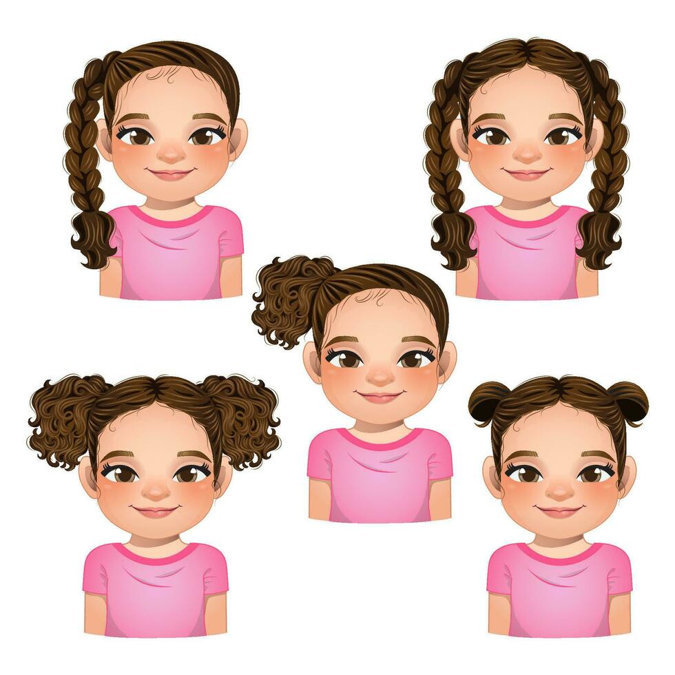 conjunto do Penteado para garotas, meninas rostos, avatares, Castanho cabelo criança cabeças diferente Penteado vetor