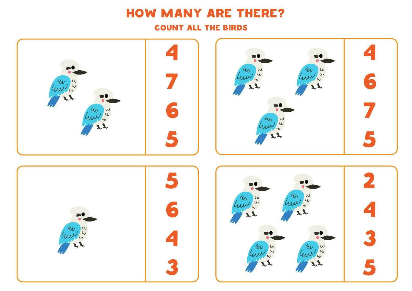 contagem todos fofa desenho animado kookaburra pássaros e círculo a corrigir respostas. vetor