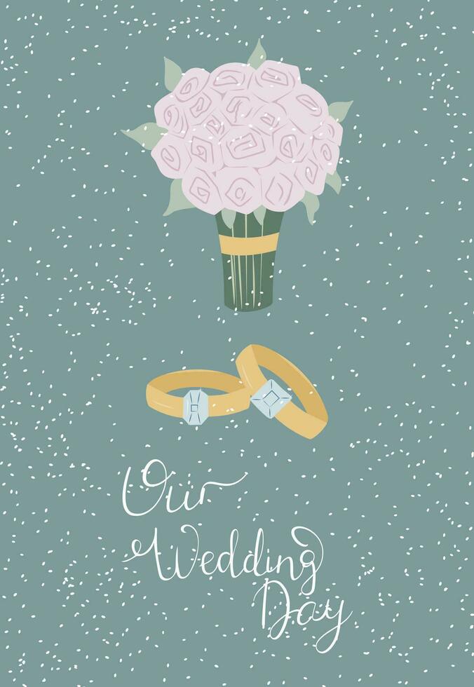 mão desenhado fofa Casamento convites com ramalhete do flores e argolas. vetor
