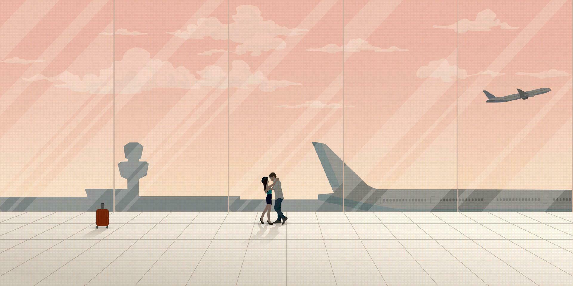 casal do amante abraçando às a do aeroporto terminal ter avião e baunilha céu fundo através janelas vetor ilustração. feliz final cena conceito.