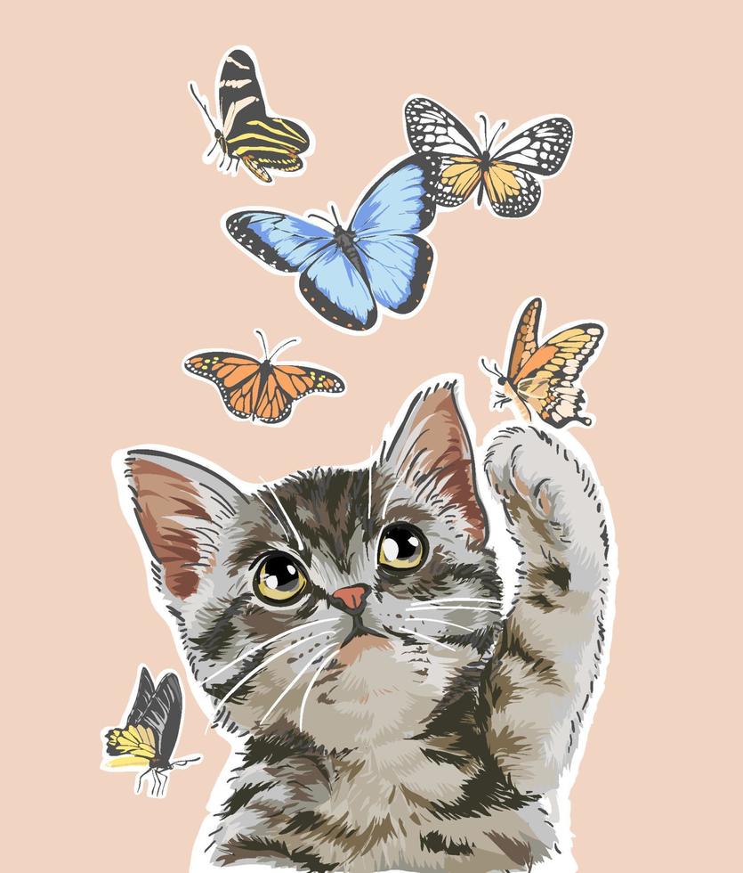 gato fofo brincando com ilustração de borboletas vetor