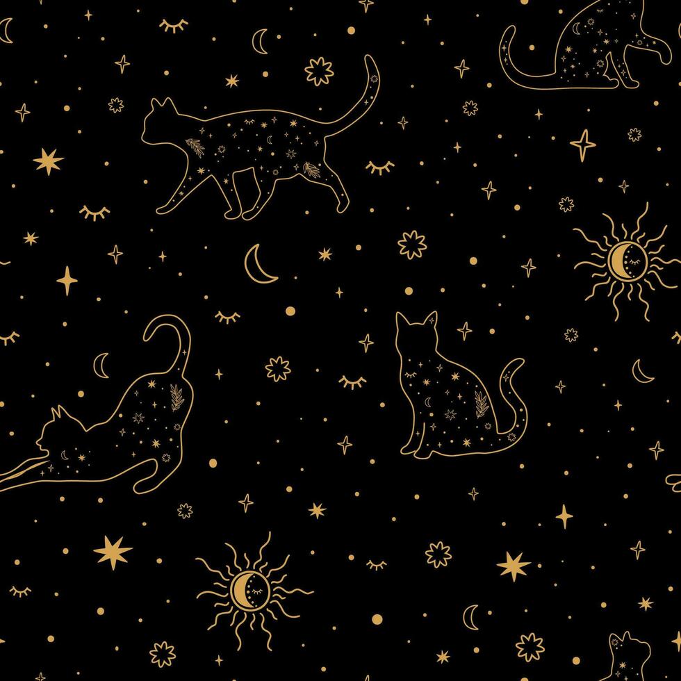 celestial gato desatado padronizar. dourado estrelado gatos repetir fundo. mistério estrelas, sol, lua em a Preto. Magia céu têxtil projeto, tecido, papel de parede. mínimo linha arte. esotérico vetor ilustração