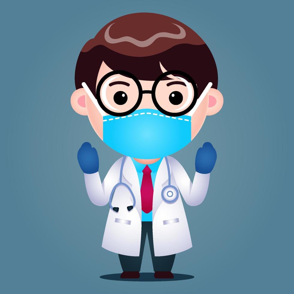 Doutor em desenho animado usa máscara médica cirúrgica preparando