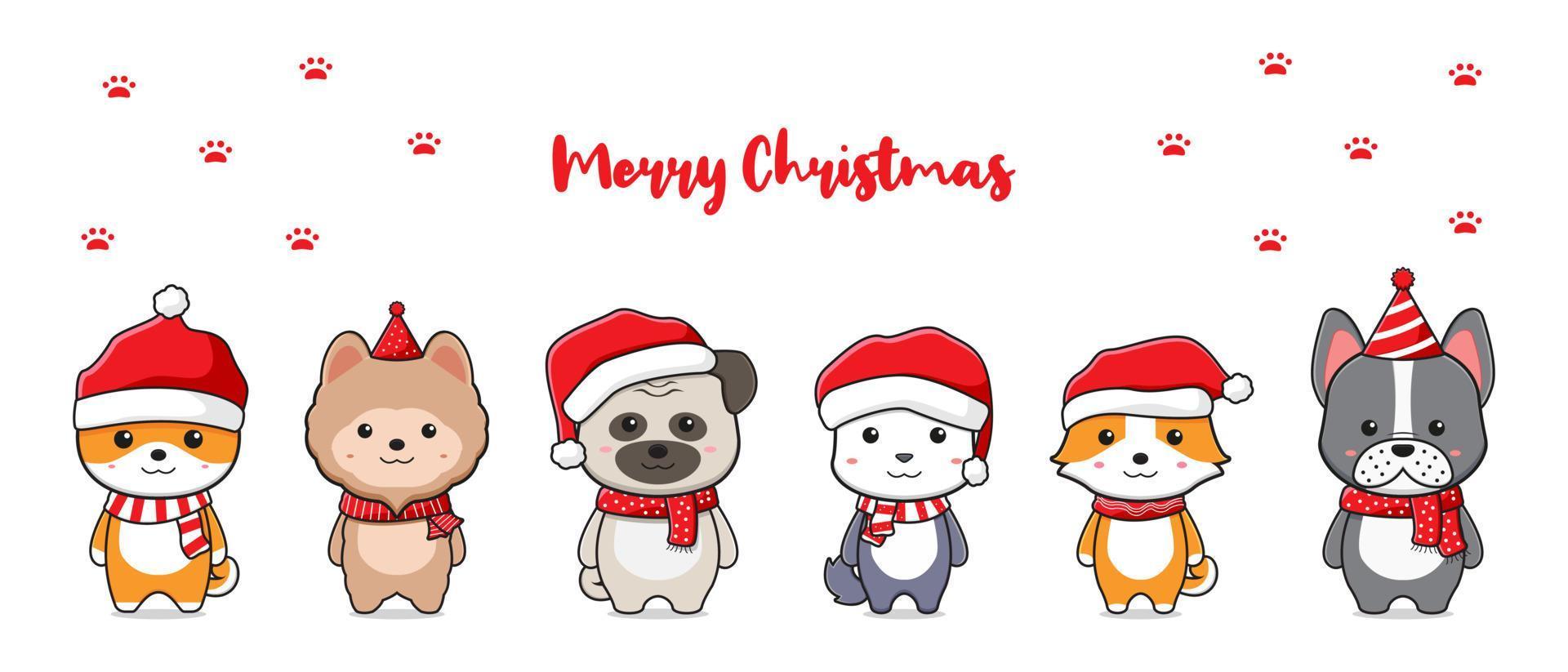 cão fofo família saudação feliz natal cartoon doodle cartão ilustração de fundo vetor