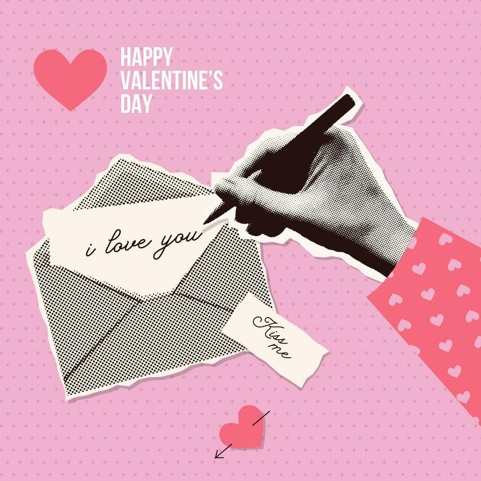 dia dos namorados dia meio-tom colagem com mão escrevendo uma amor carta. romântico bandeira modelo. na moda ano 2000 estilo vetor ilustração