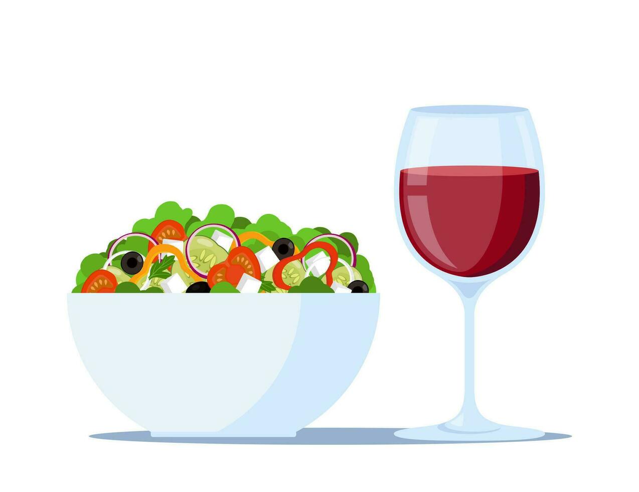 vidro do vermelho vinho com fresco grego feta queijo salada. saudável Comida. tradicional Mediterrâneo cozinha. vetor ilustração.