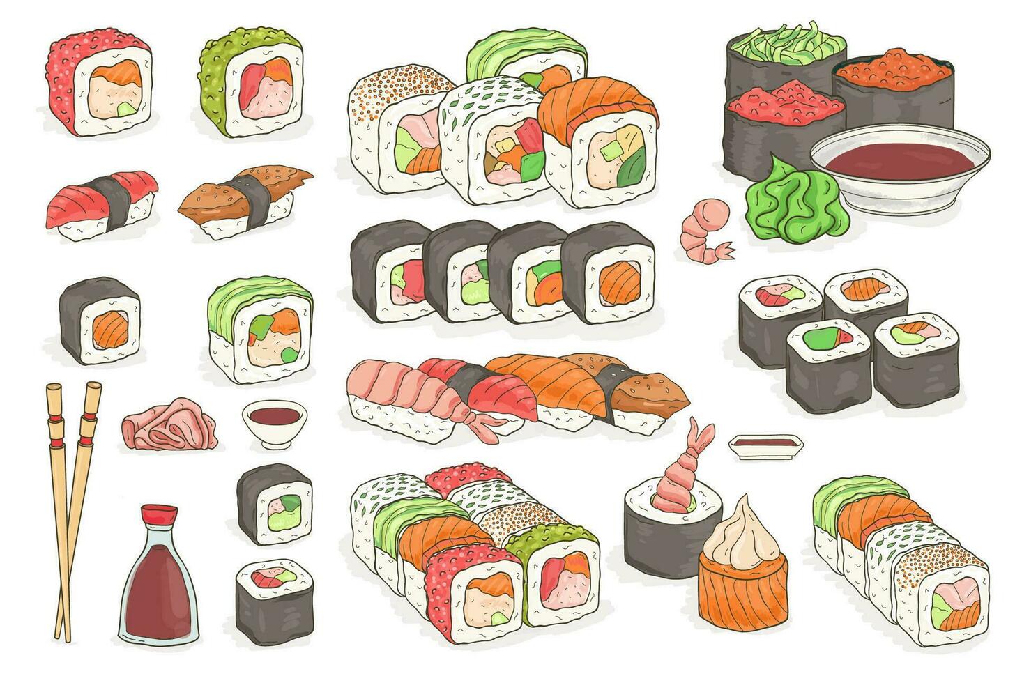 conjunto do Sushi, rolos, wasabi, soja molho, ruivo, pauzinhos. tradicional japonês frutos do mar pratos. mão desenhado elementos para cardápio projeto, vetor colorida ilustração coleção.