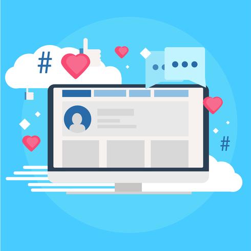Banner de marketing de mídia social. Computador com gostos, nuvem, comentário, hashtags. Ilustração vetorial plana vetor