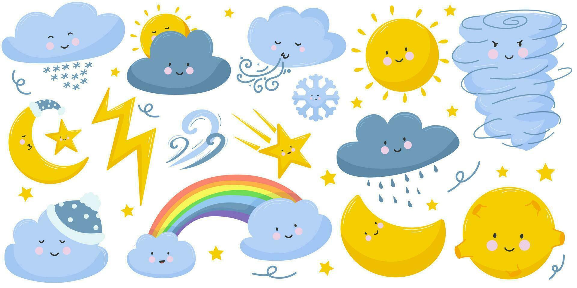 clima emoticon plano ícone definir. desenho animado arco-íris, chuva e neve nuvens, sol, lua, estrela, clareamento, vento isolado vetor ilustração. meteorologia e céu conceito