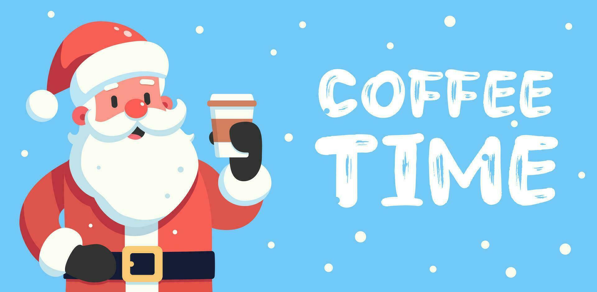 alegre santa claus e uma copo do café, feliz Natal inscrição e café Tempo texto, Alto qualidade vetor ilustração.